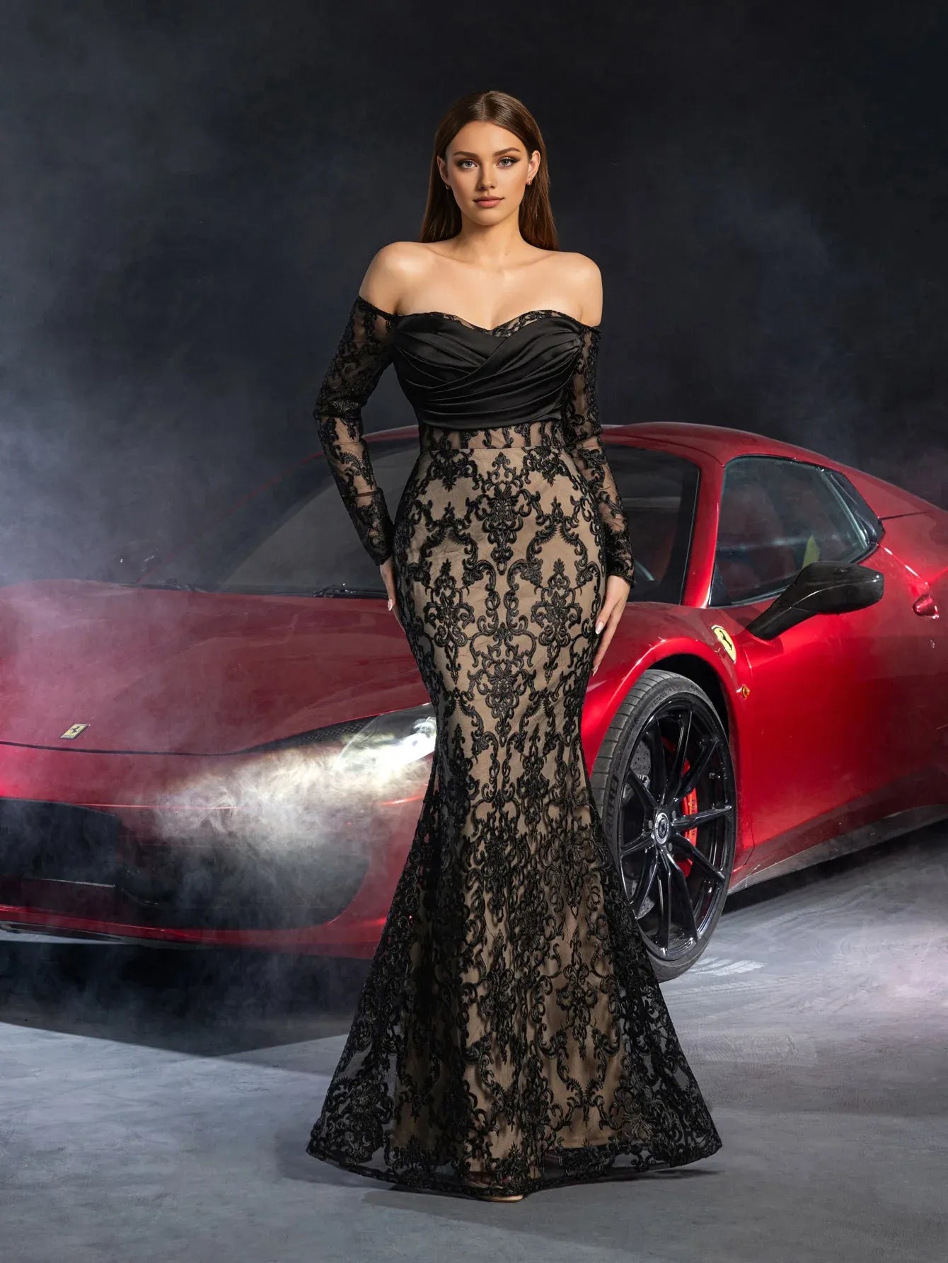 Gorgeous Mermaid Off Shoulder Sheer Sleeves Lace Up Floor-Length Prom Dress