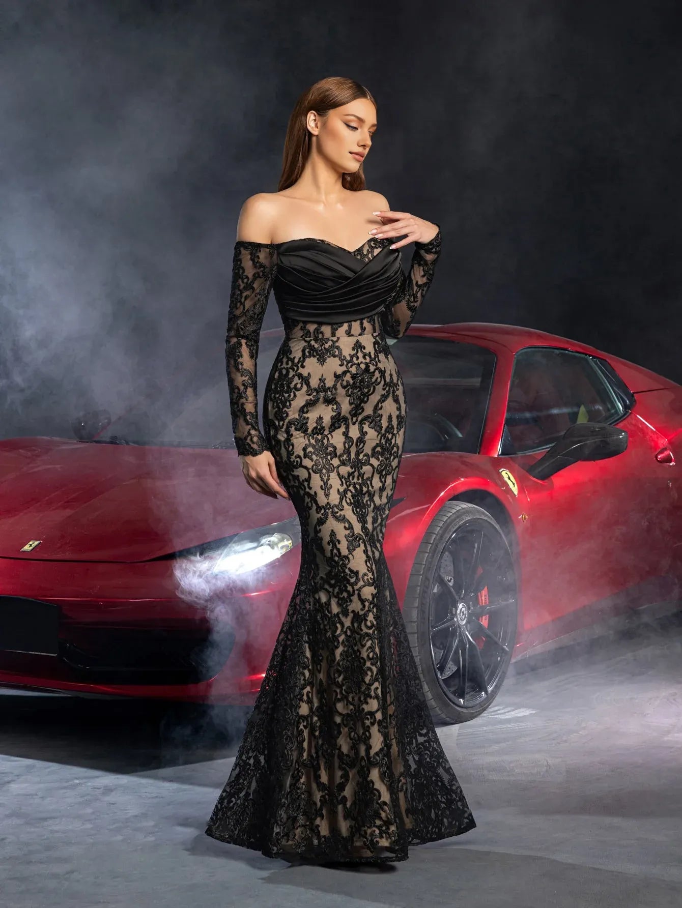 Gorgeous Mermaid Off Shoulder Sheer Sleeves Lace Up Floor-Length Prom Dress