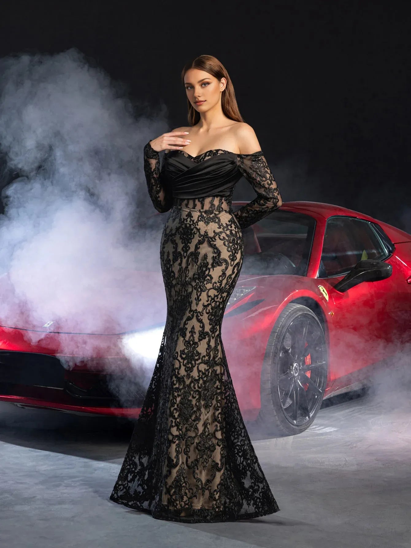 Gorgeous Mermaid Off Shoulder Sheer Sleeves Lace Up Floor-Length Prom Dress