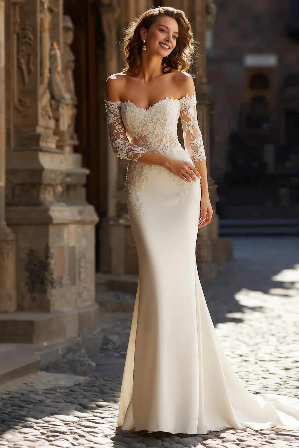 Gorgeous Mermaid/Trumpet Off the Shoulder Long Sleeve Lace Sweep/Brush Train Wedding Dress