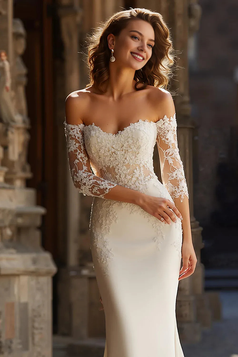 Gorgeous Mermaid/Trumpet Off the Shoulder Long Sleeve Lace Sweep/Brush Train Wedding Dress