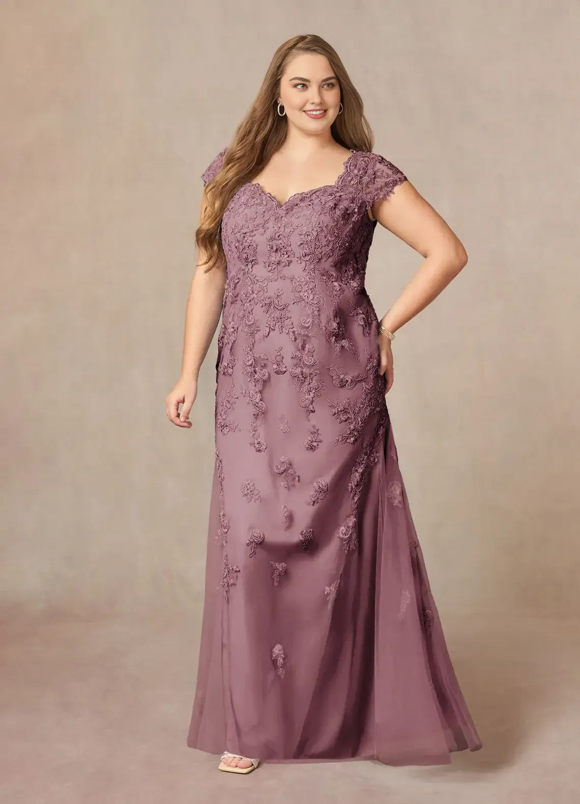 Gorgeous Mermaid V-Neck Cap Sleeves Back Zip Floor-Length Plus Size Mother of the Bride Dress