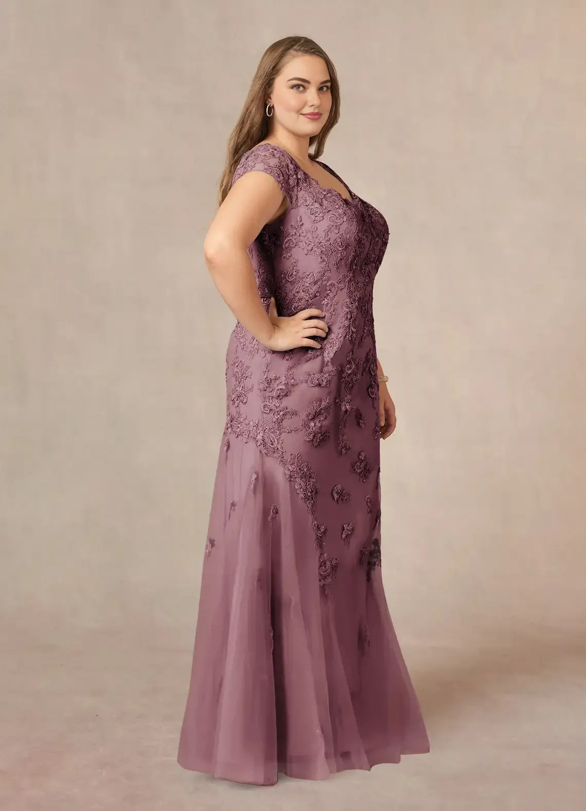 Gorgeous Mermaid V-Neck Cap Sleeves Back Zip Floor-Length Plus Size Mother of the Bride Dress