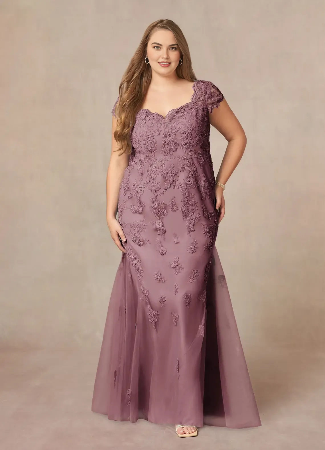 Gorgeous Mermaid V-Neck Cap Sleeves Back Zip Floor-Length Plus Size Mother of the Bride Dress