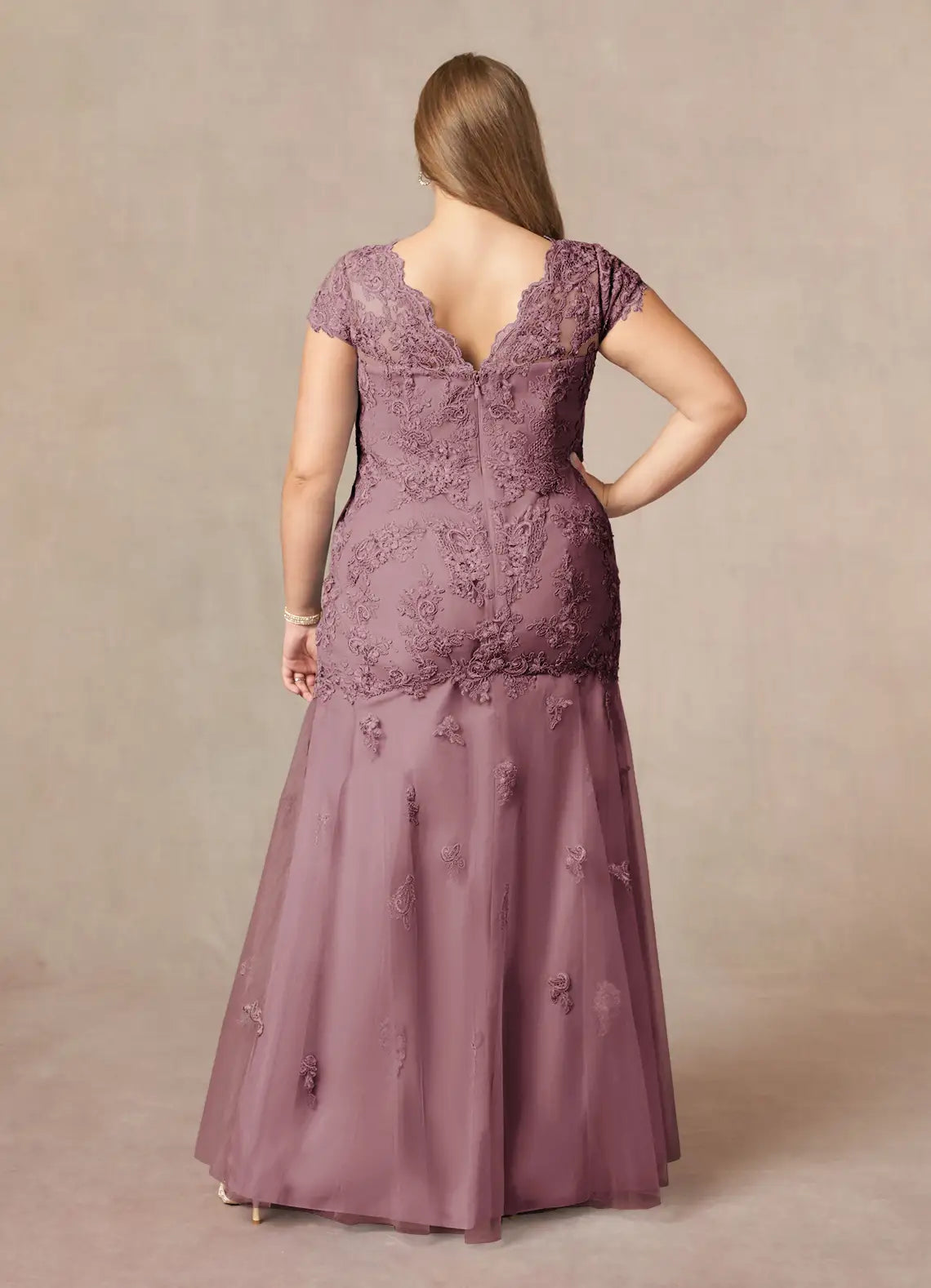 Gorgeous Mermaid V-Neck Cap Sleeves Back Zip Floor-Length Plus Size Mother of the Bride Dress