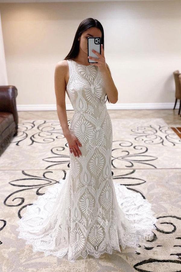 Superbe robe de mariée sirène en dentelle, col rond, sans manches, avec traîne