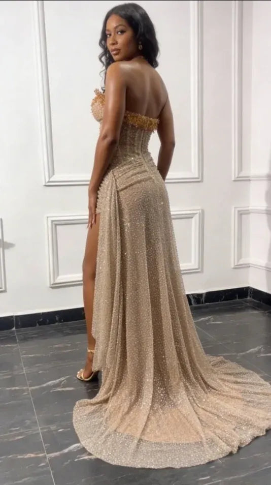 Gorgeous Strapless Sleeveless Champagne Gold Prom Dress Mermaid Sequins Beaded Long Evening Gown
