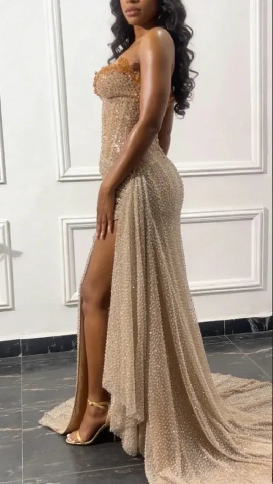 Gorgeous Strapless Sleeveless Champagne Gold Prom Dress Mermaid Sequins Beaded Long Evening Gown