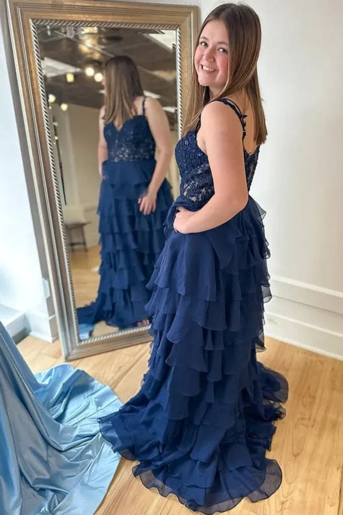 Gorgeous V Neck Sleeveless Empire A-Line Chiffon Tiered Long Prom Dress