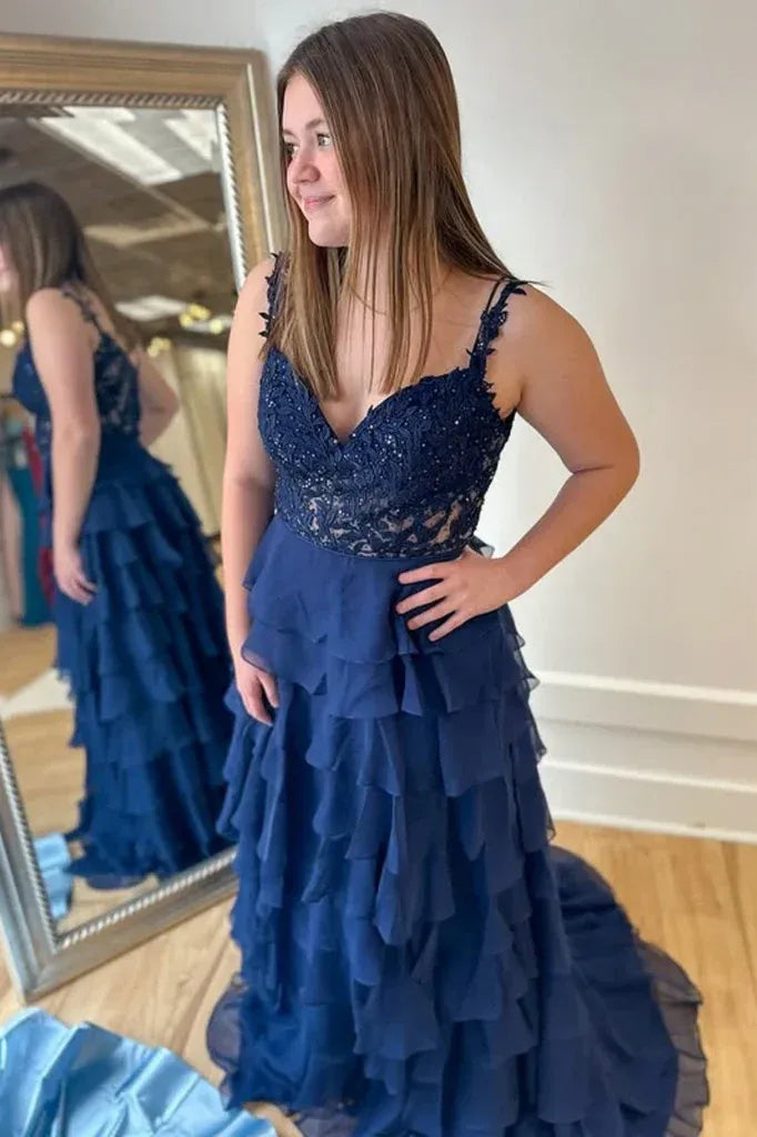 Gorgeous V Neck Sleeveless Empire A-Line Chiffon Tiered Long Prom Dress