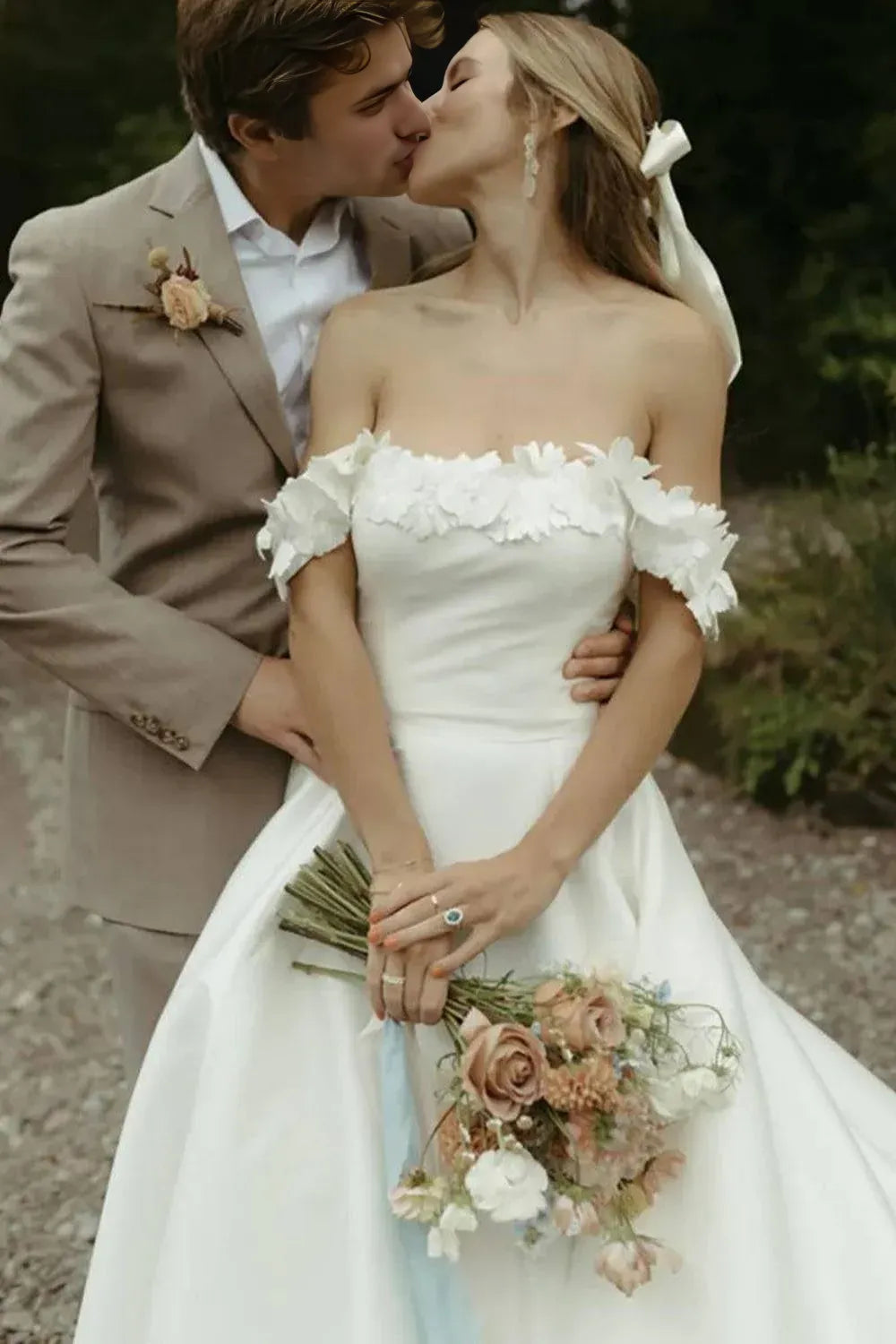 Gorgeous A Line Off the Shoulder Wedding Dress with Flowers