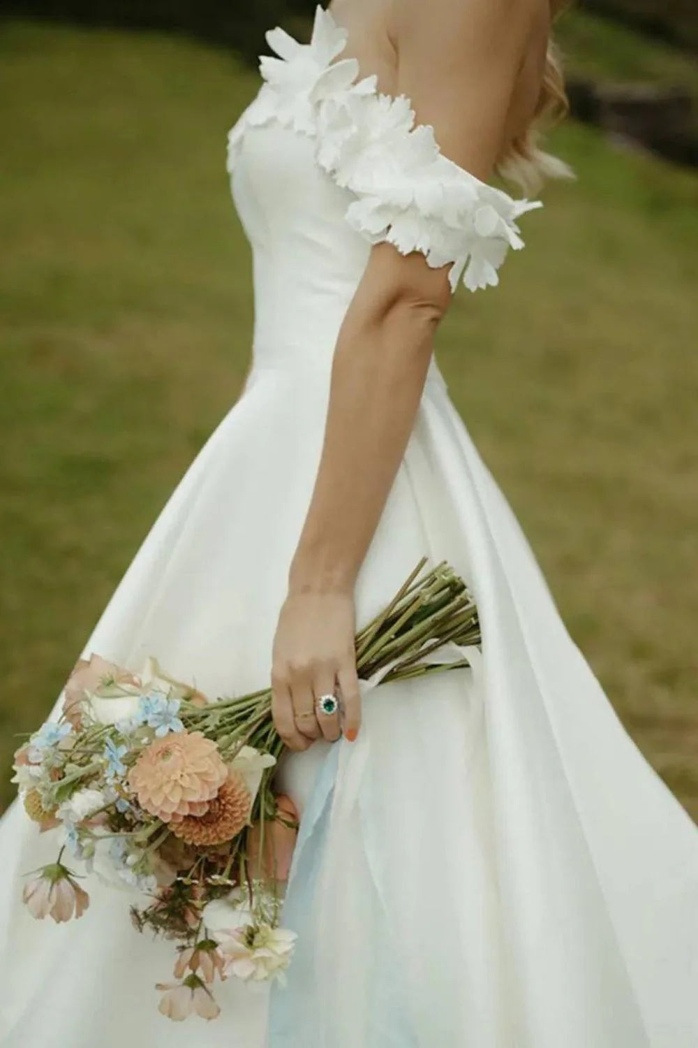 Gorgeous A Line Off the Shoulder Wedding Dress with Flowers