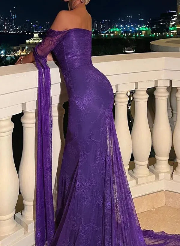 Gorgeous Off the Shoulder Long Sleeve Mermaid Pleated Lace Sweep Train Evening Dress