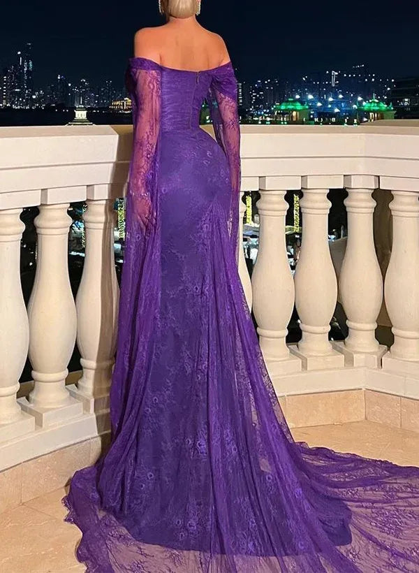 Gorgeous Off the Shoulder Long Sleeve Mermaid Pleated Lace Sweep Train Evening Dress