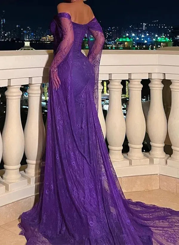Gorgeous Off the Shoulder Long Sleeve Mermaid Pleated Lace Sweep Train Evening Dress