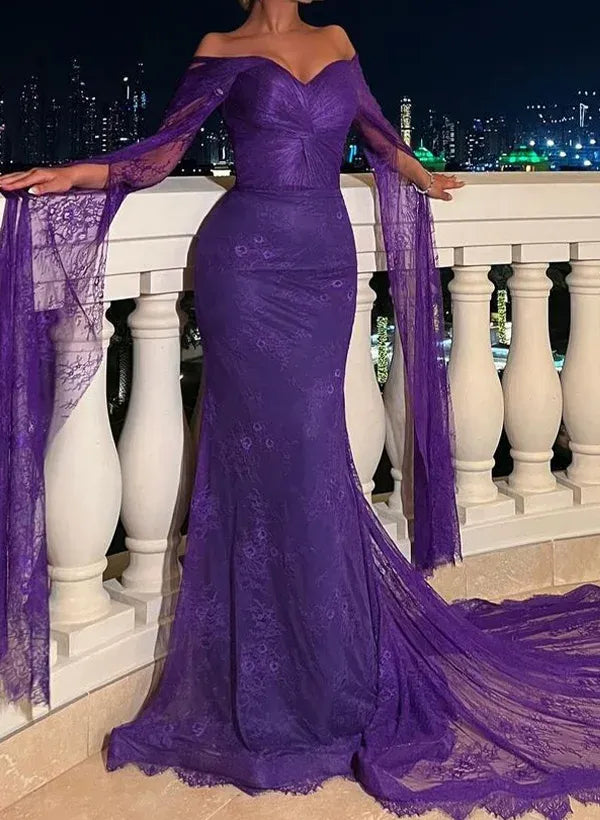 Gorgeous Off the Shoulder Long Sleeve Mermaid Pleated Lace Sweep Train Evening Dress