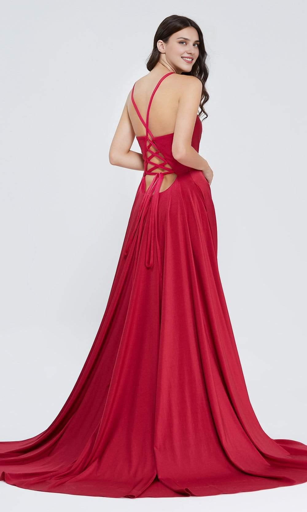 Gowns Evening Dresses/  Deep V-Neck Sleeveless Lace Up Back Satin A-Line With High Slit Prom Dress/ Evening Dresses/ Formal Women's Dresses/ Prom Dress Shops