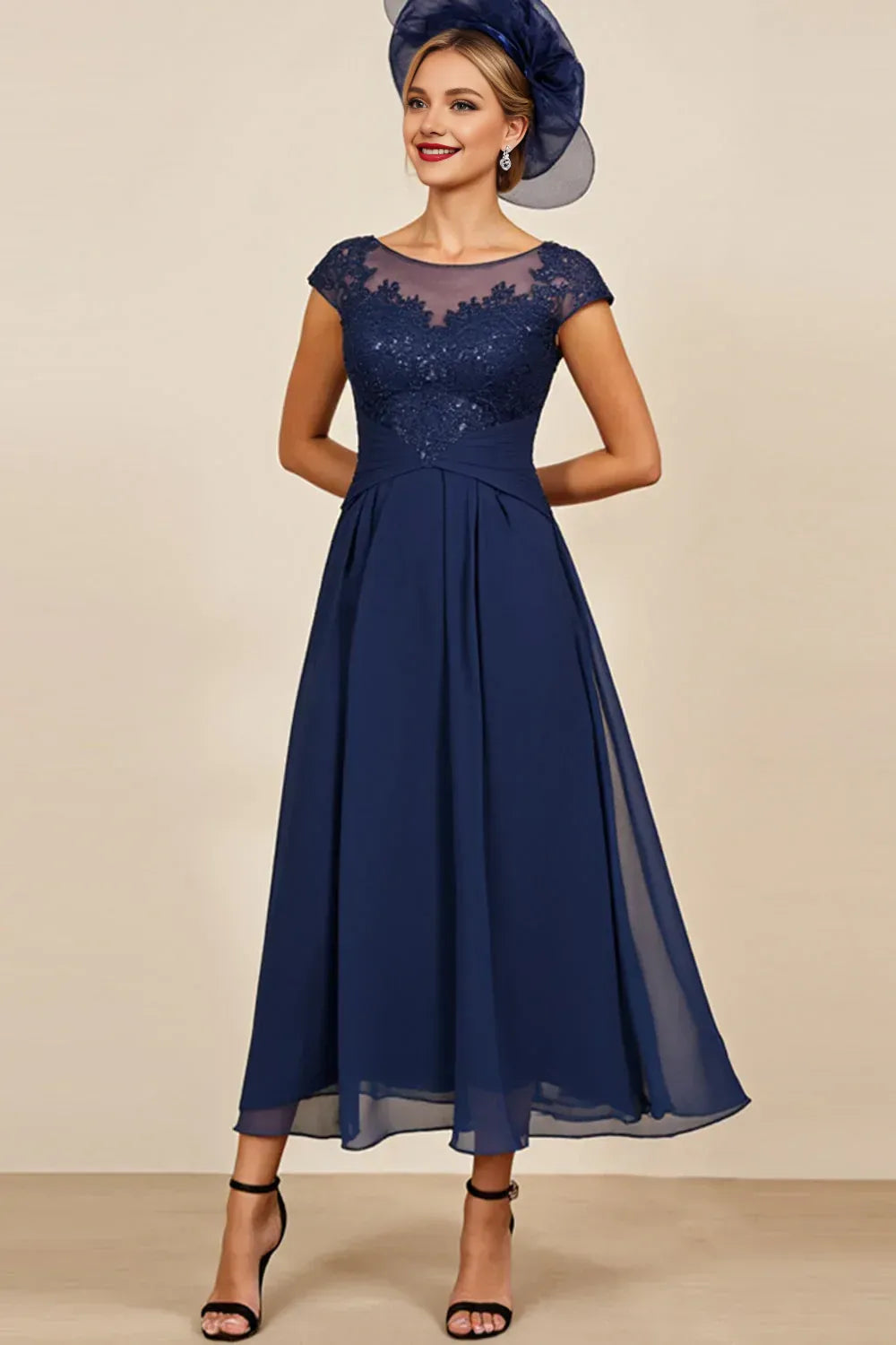 Graceful A-Line Boat Neck Cap Sleeve Chiffon Appliques Ankle-Length Mother of the Bride Dress