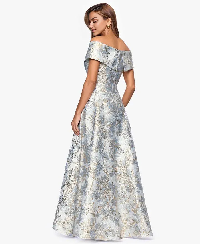 Graceful A-Line Off-The-Shoulder Sleeveless Pleated Metallic Floor-Length Prom Dress