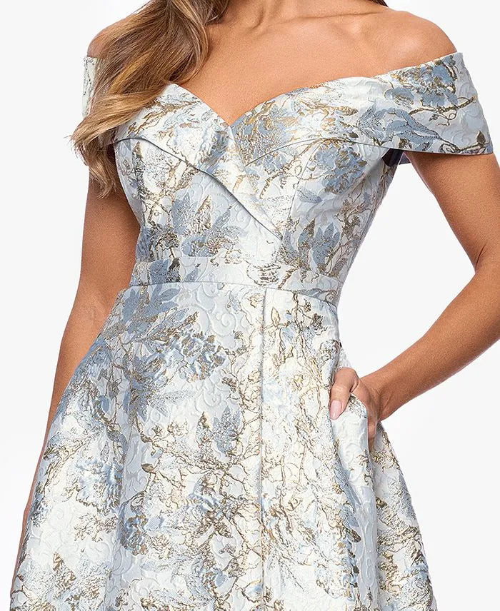 Graceful A-Line Off-The-Shoulder Sleeveless Pleated Metallic Floor-Length Prom Dress