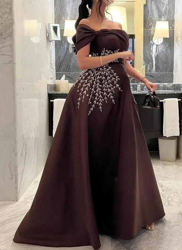 Graceful A-Line Off-The-Shoulder Sleeveless Pleated Satin Floor-Length Prom Dress