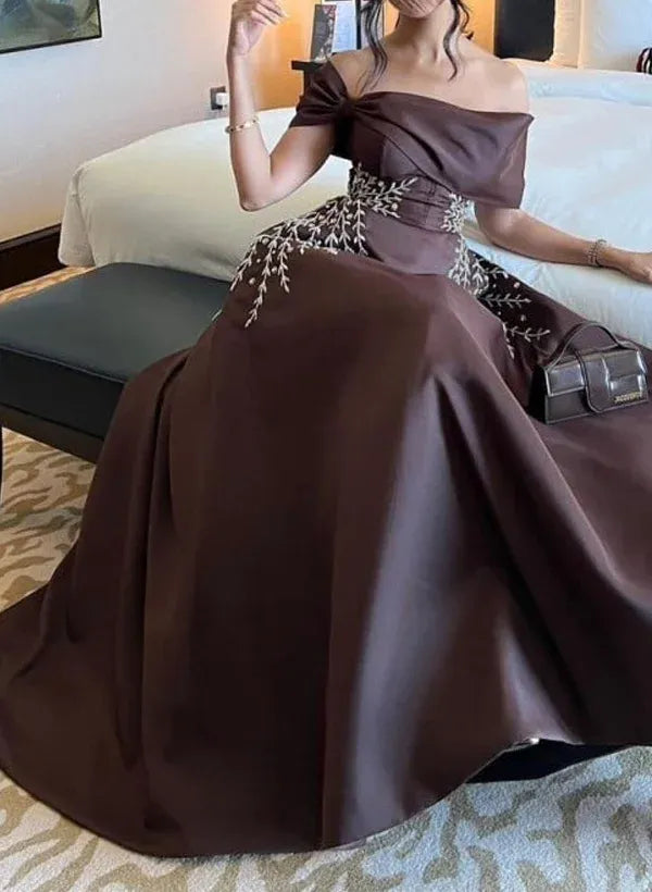 Graceful A-Line Off-The-Shoulder Sleeveless Pleated Satin Floor-Length Prom Dress