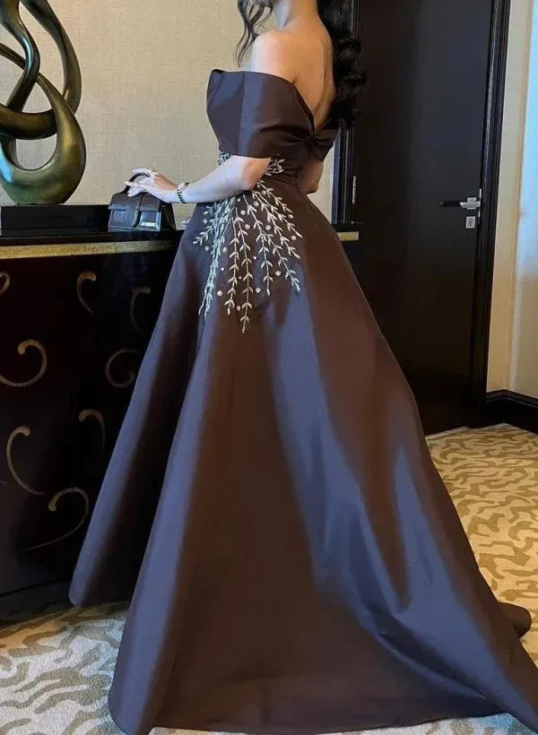 Graceful A-Line Off-The-Shoulder Sleeveless Pleated Satin Floor-Length Prom Dress