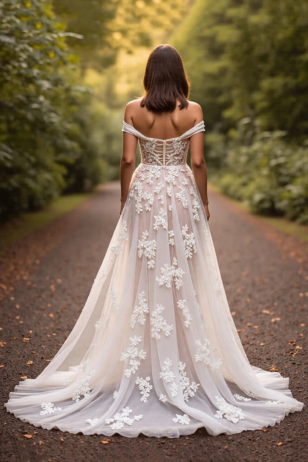 Graceful A-Line Off the Shoulder Sleeveless Appliques Tulle Sweep Train Wedding Dress