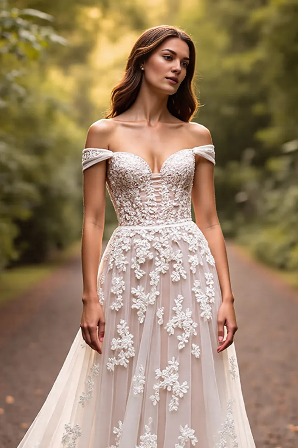 Graceful A-Line Off the Shoulder Sleeveless Appliques Tulle Sweep Train Wedding Dress