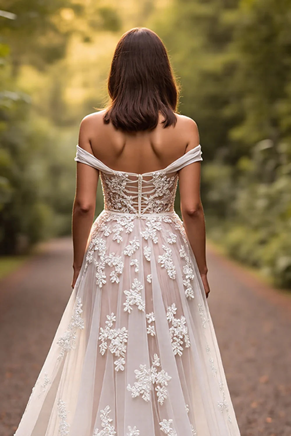 Graceful A-Line Off the Shoulder Sleeveless Appliques Tulle Sweep Train Wedding Dress