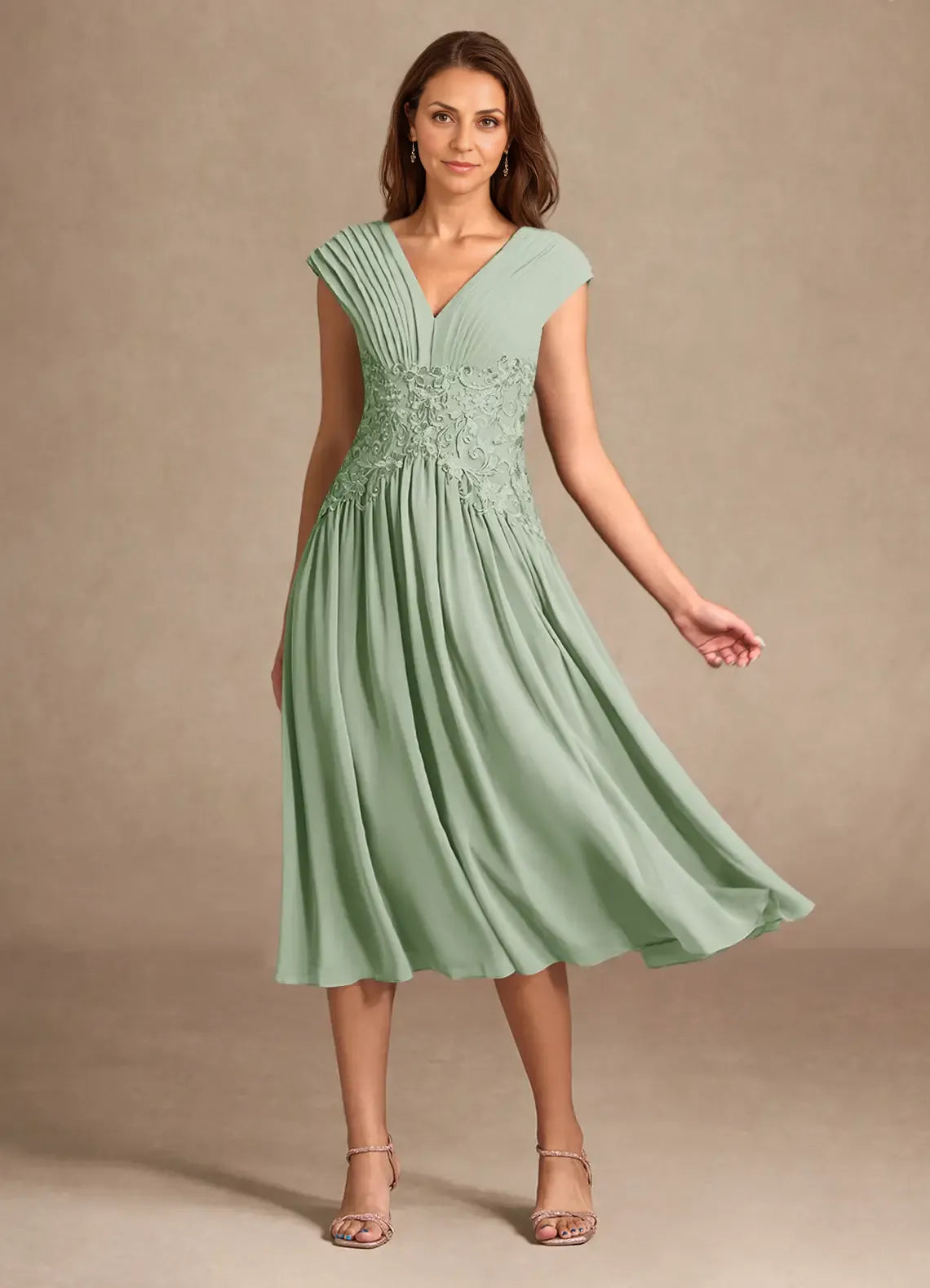 Graceful A-Line V-Neck Sleeveless Back Zip Tea-Length Mother of the Bride Dress