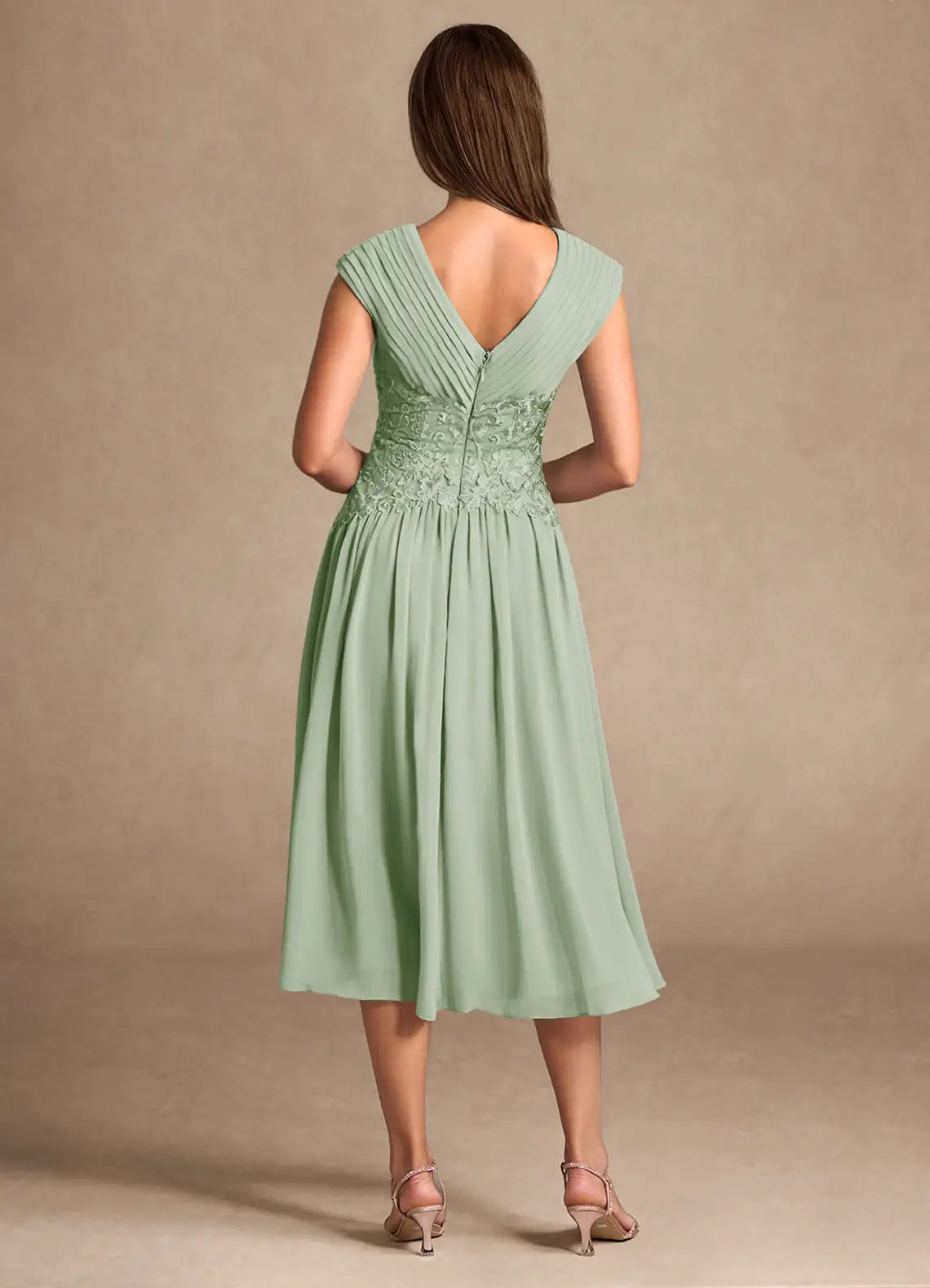 Graceful A-Line V-Neck Sleeveless Back Zip Tea-Length Mother of the Bride Dress