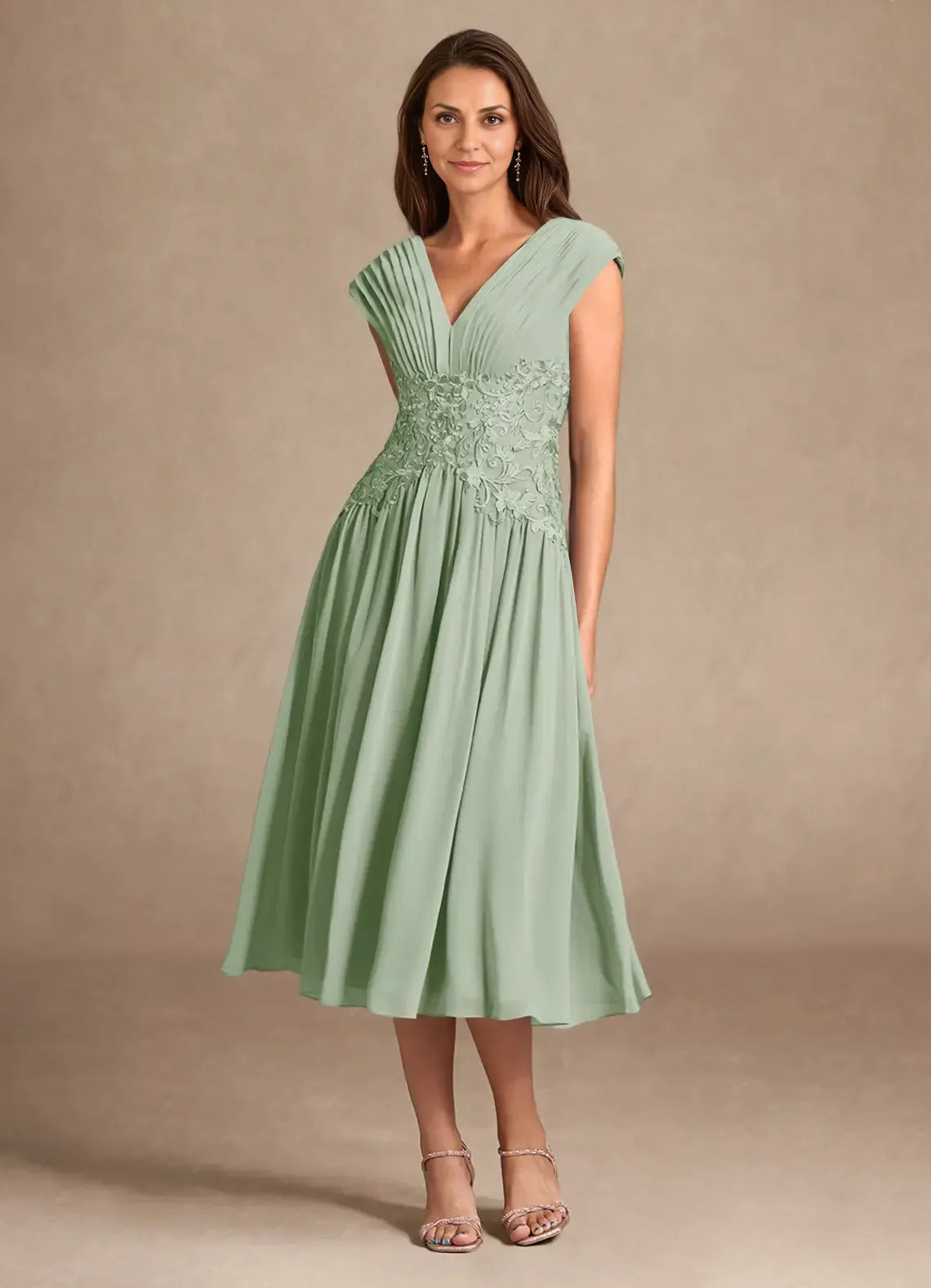 Graceful A-Line V-Neck Sleeveless Back Zip Tea-Length Mother of the Bride Dress