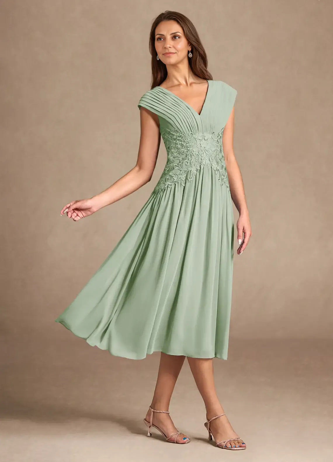 Graceful A-Line V-Neck Sleeveless Back Zip Tea-Length Mother of the Bride Dress