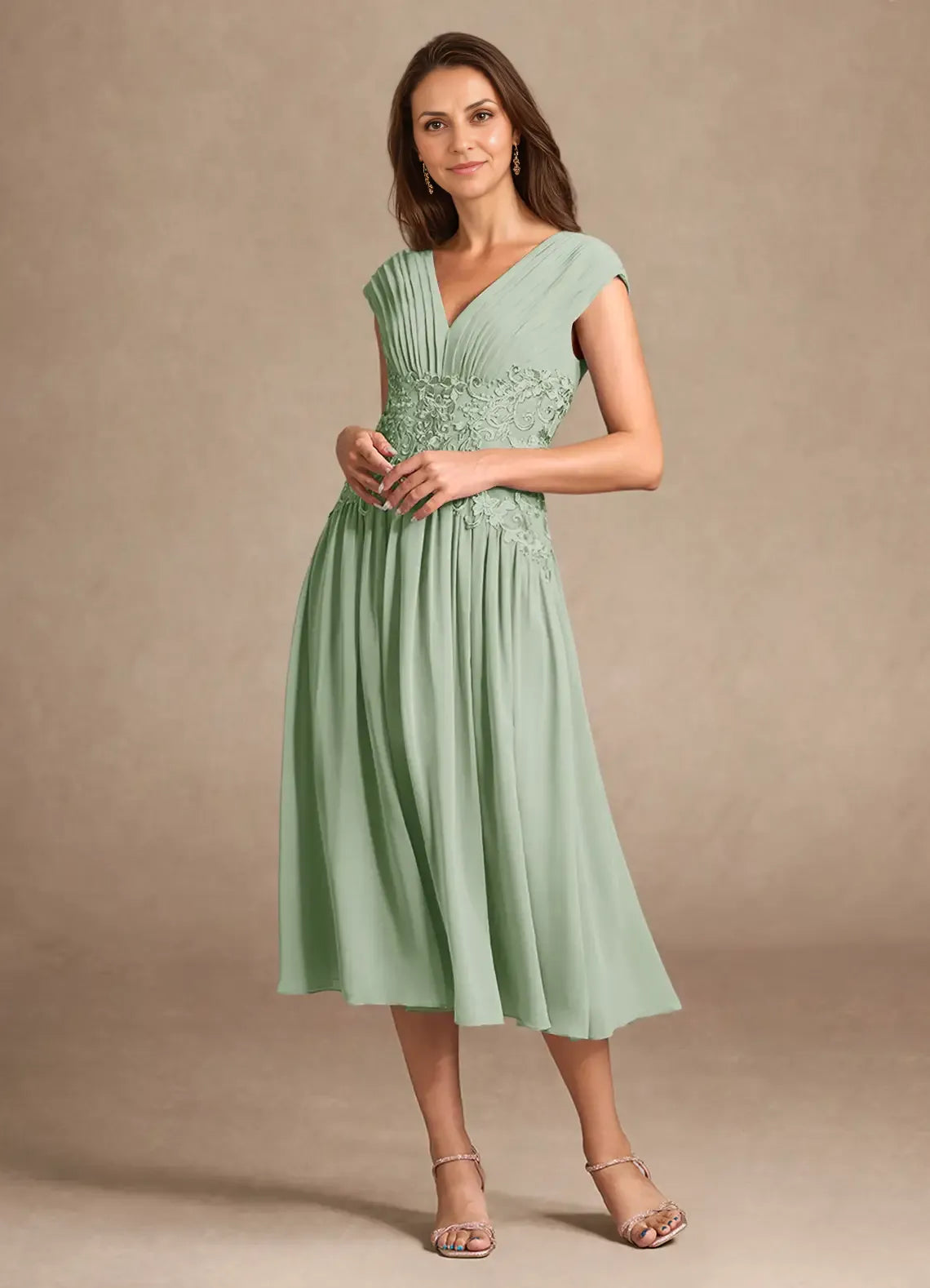 Graceful A-Line V-Neck Sleeveless Back Zip Tea-Length Mother of the Bride Dress