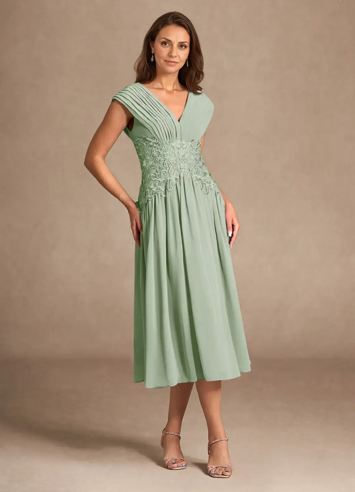 Graceful A-Line V-Neck Sleeveless Back Zip Tea-Length Mother of the Bride Dress