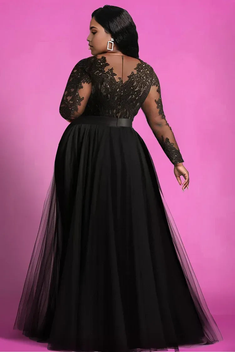 Graceful A-Line V Neck Long Sleeve Split Lace Floor Length Plus Size Prom Dress