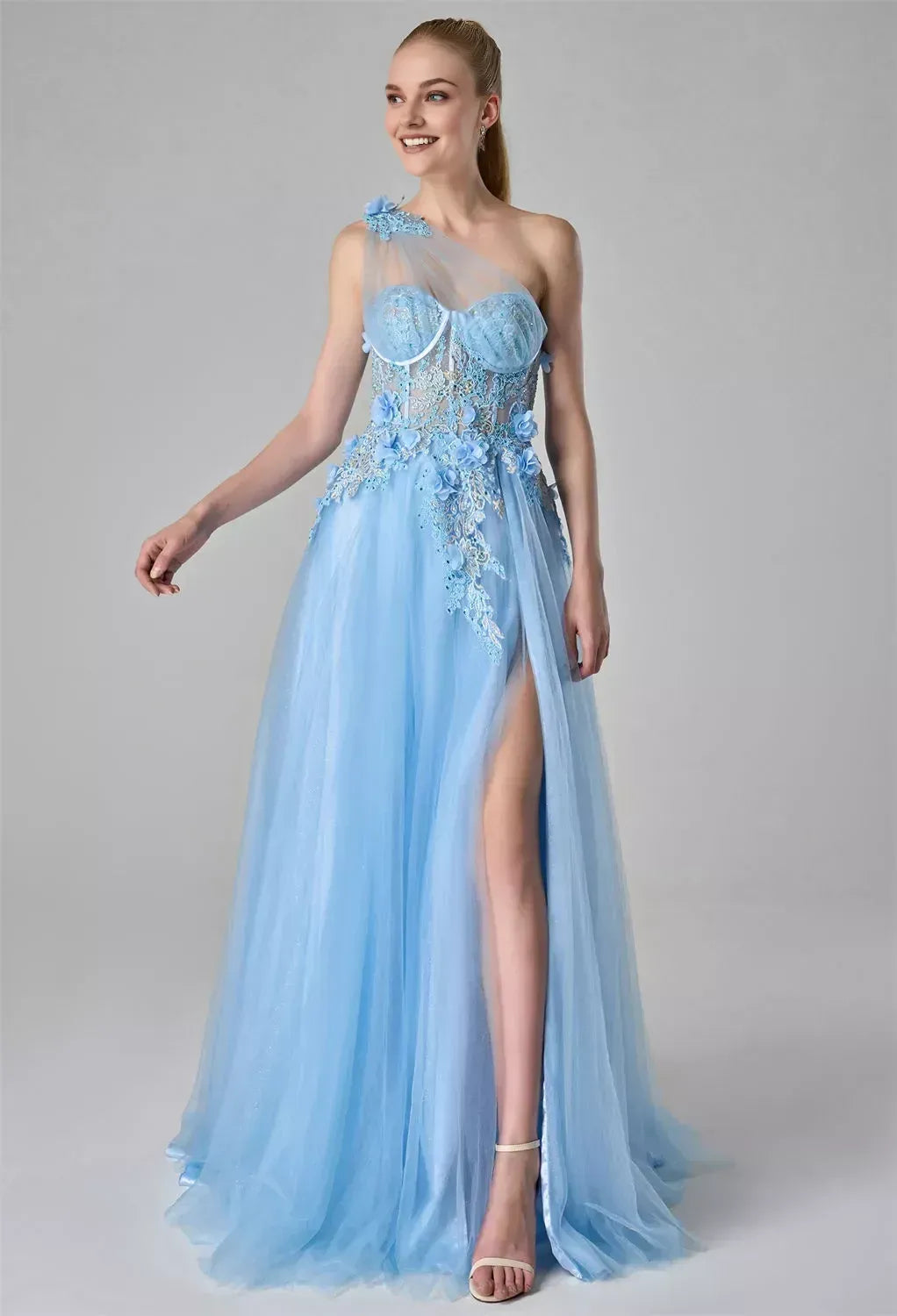 Graceful A-line One Shoulder Sleeveless Slit Tulle 3D Floral Floor Length Prom Dress