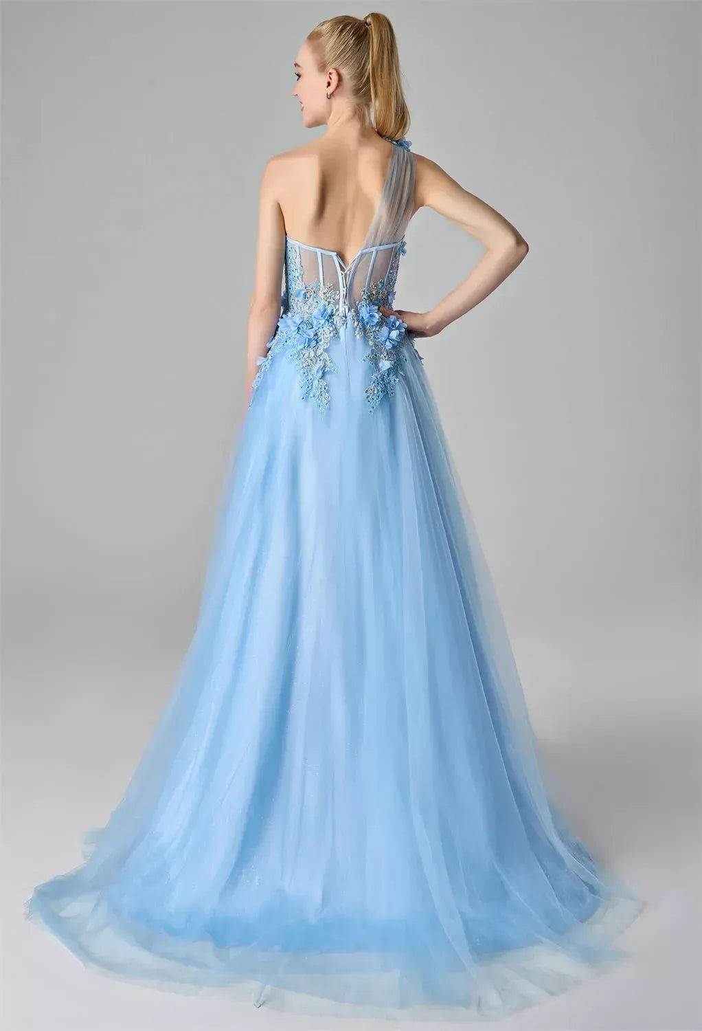Graceful A-line One Shoulder Sleeveless Slit Tulle 3D Floral Floor Length Prom Dress