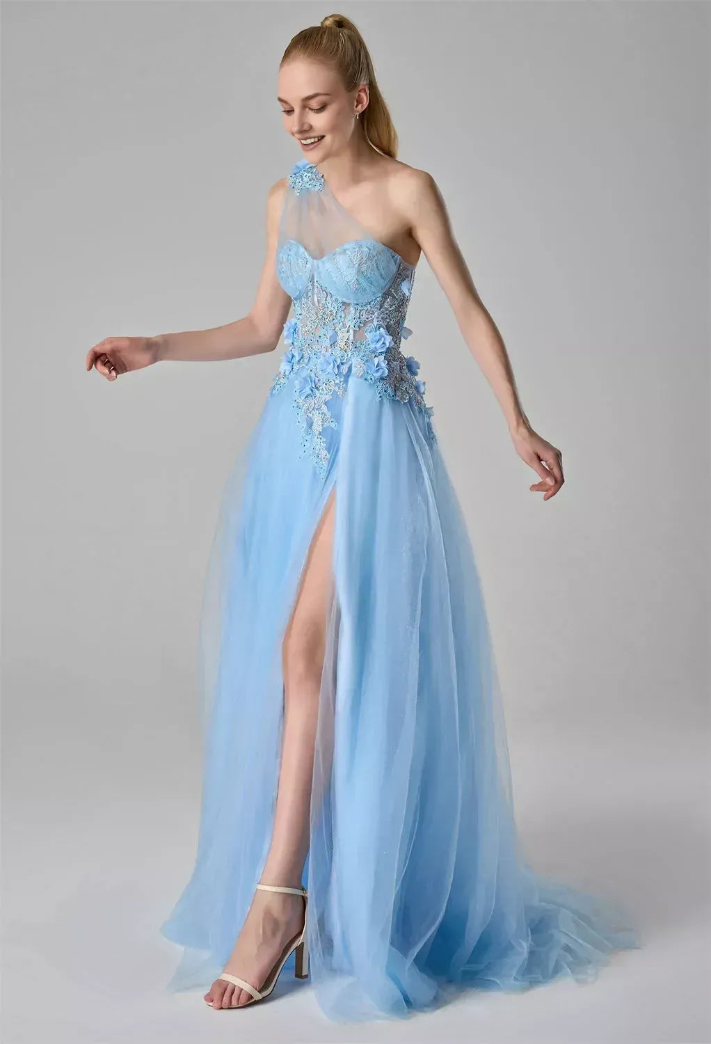 Graceful A-line One Shoulder Sleeveless Slit Tulle 3D Floral Floor Length Prom Dress