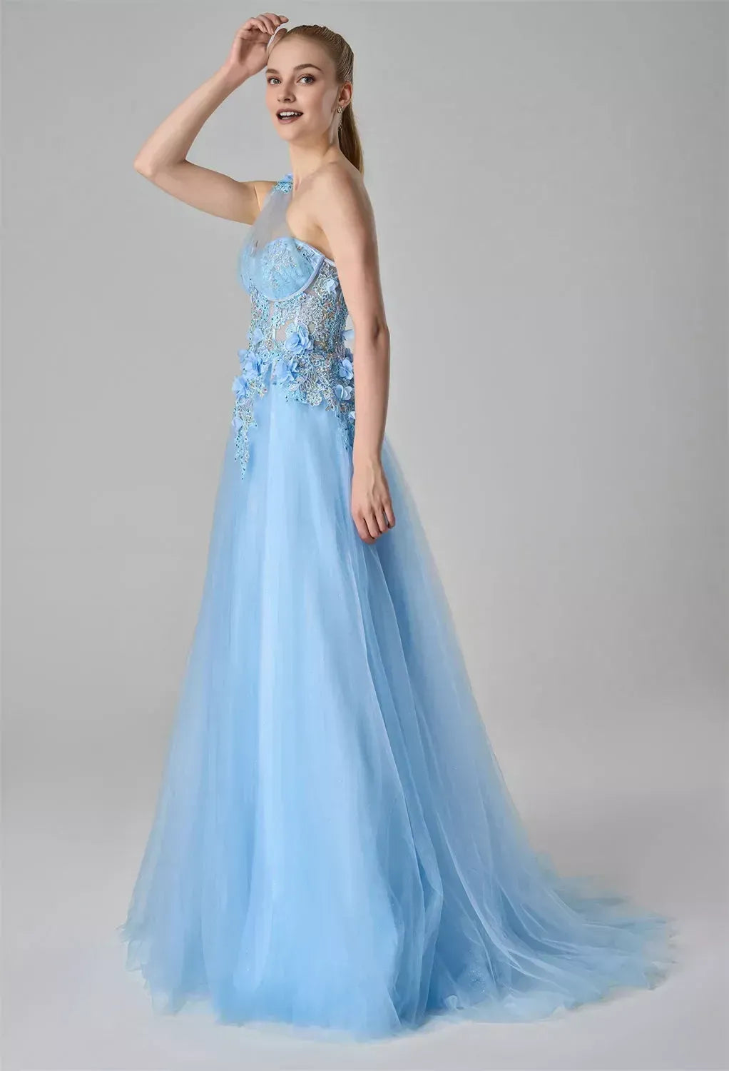 Graceful A-line One Shoulder Sleeveless Slit Tulle 3D Floral Floor Length Prom Dress