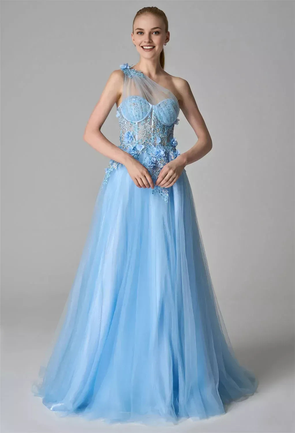 Graceful A-line One Shoulder Sleeveless Slit Tulle 3D Floral Floor Length Prom Dress