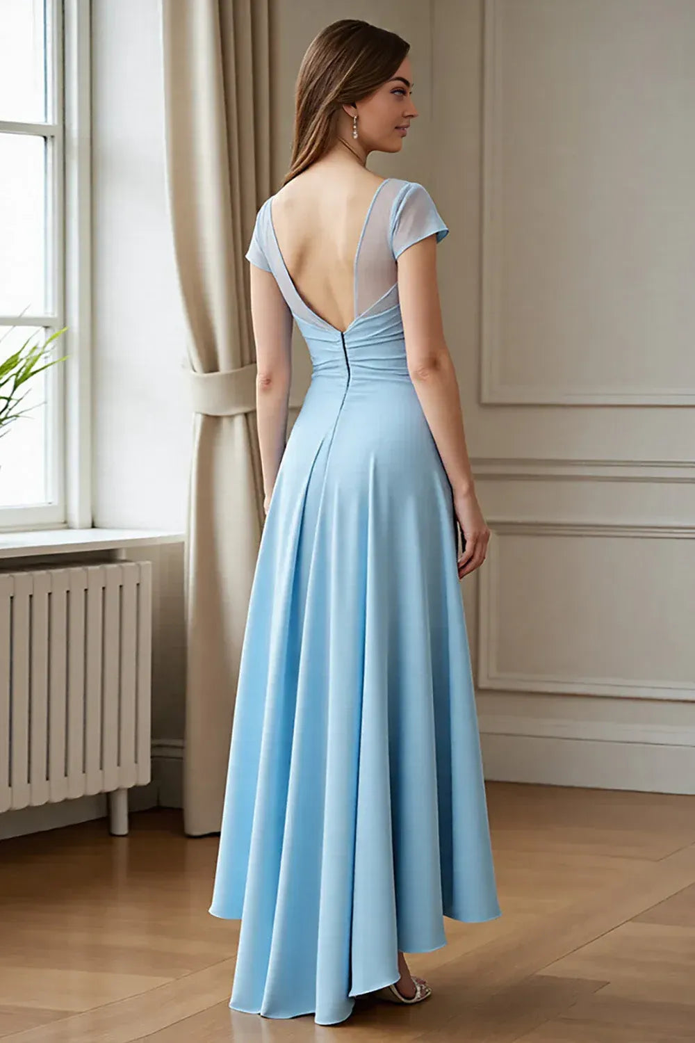 Graceful A-line Scoop Neck Cap Sleeve Chiffon Ruched Floor-Length Mother of the Bride Dress