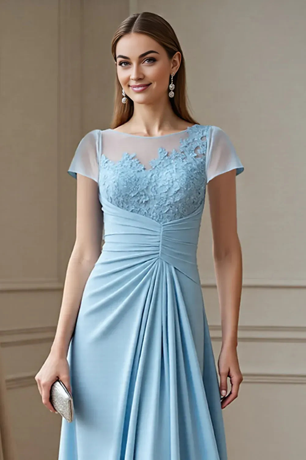 Graceful A-line Scoop Neck Cap Sleeve Chiffon Ruched Floor-Length Mother of the Bride Dress