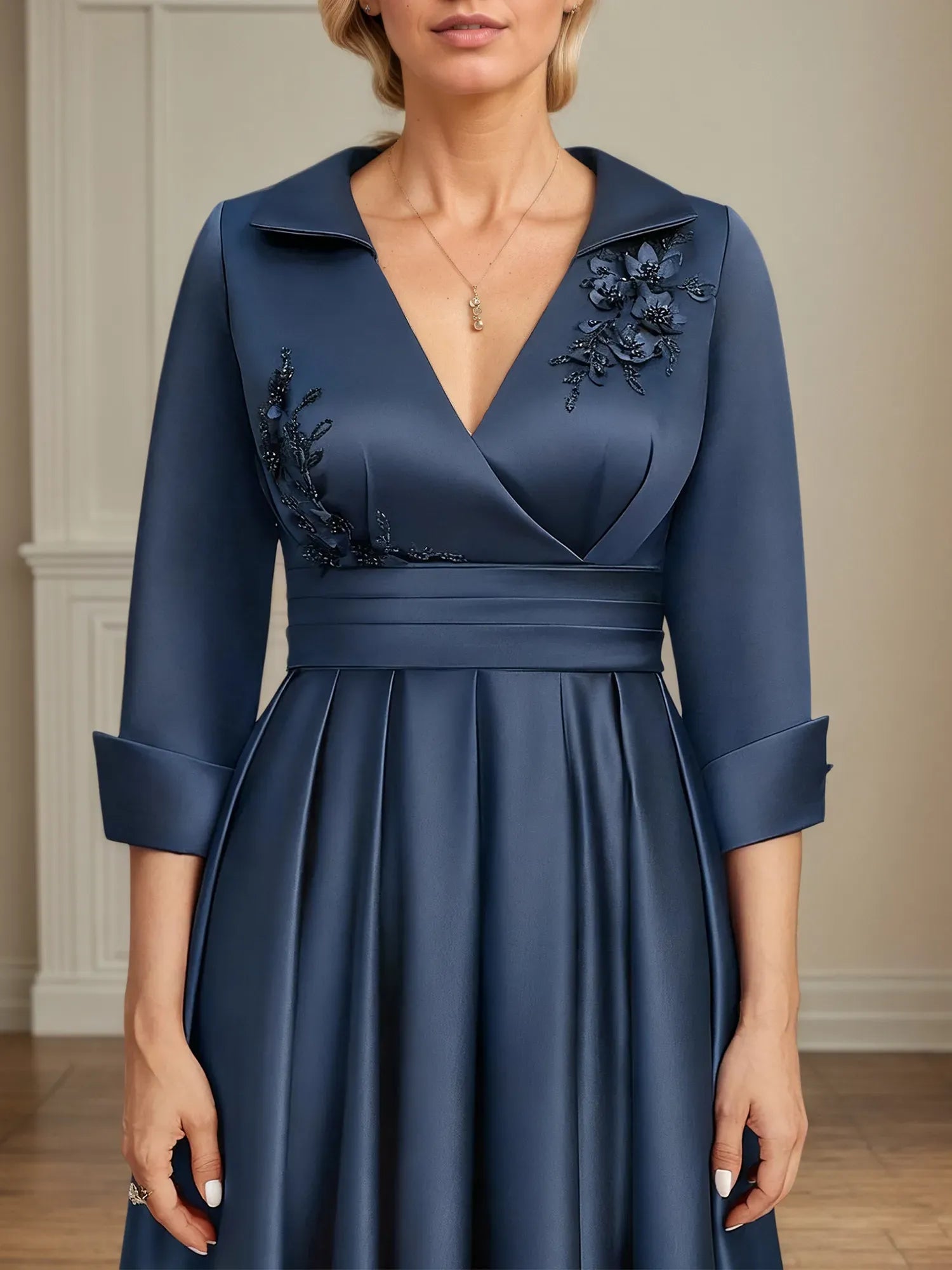 Graceful A-line V-Neck Long Sleeve Satin Ruched Floor-Length Mother of the Bride Dress