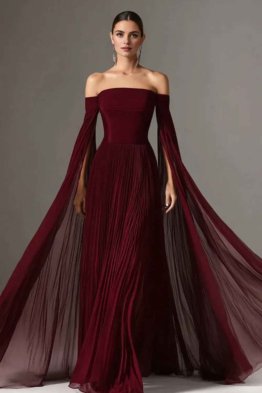 Graceful A Line Long Sleeve Off the Shoulder Chiffon Pleated Floor-Length Prom Dress