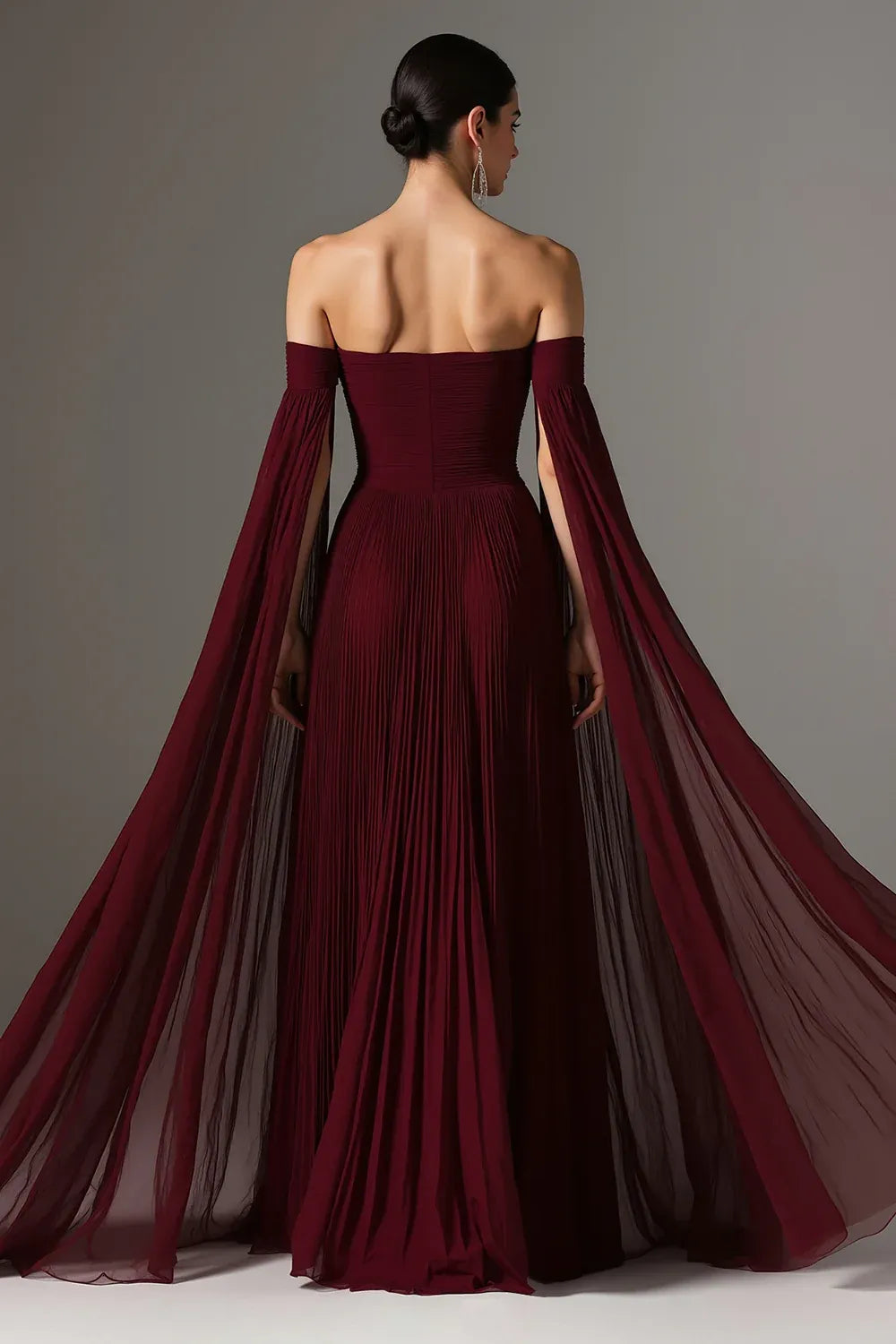 Graceful A Line Long Sleeve Off the Shoulder Chiffon Pleated Floor-Length Prom Dress