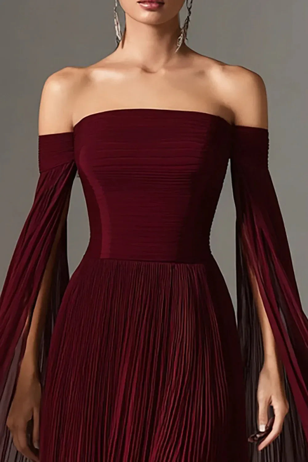 Graceful A Line Long Sleeve Off the Shoulder Chiffon Pleated Floor-Length Prom Dress