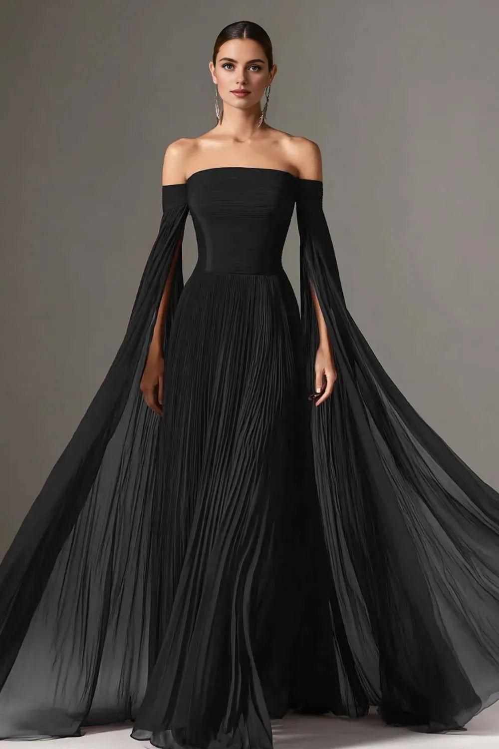 Graceful A Line Long Sleeve Off the Shoulder Chiffon Pleated Floor-Length Prom Dress