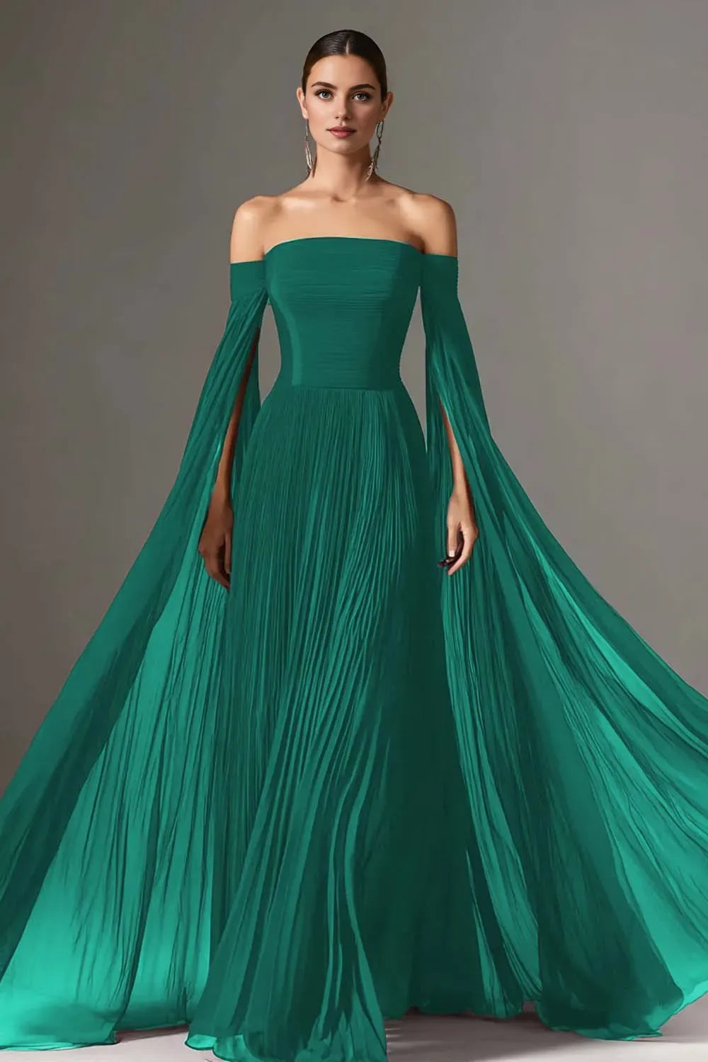 Graceful A Line Long Sleeve Off the Shoulder Chiffon Pleated Floor-Length Prom Dress